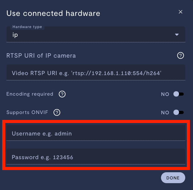 Specifying a username and password during camera configuration.