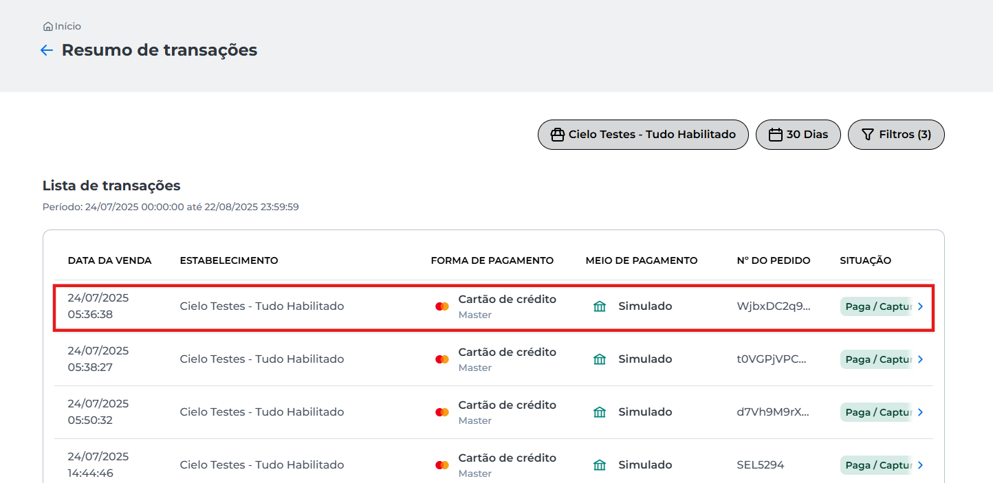 Tela de resumo de transações com uma transação filtrada como "Paga/Capturada"; destaque para o botão de seta azul ou clique direto na linha da transação para acessar os detalhes.