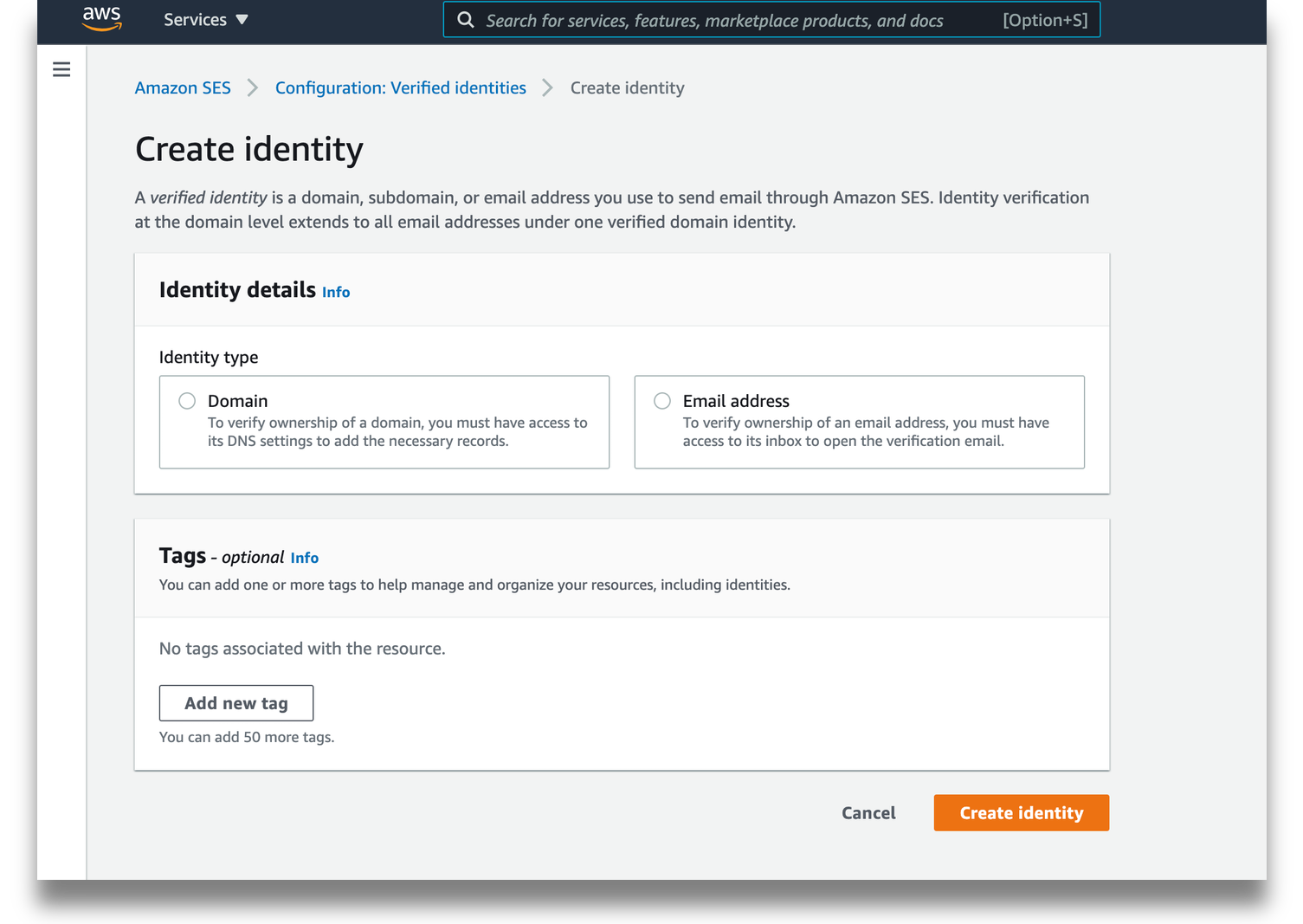 create identify.png AWS SES create identify page