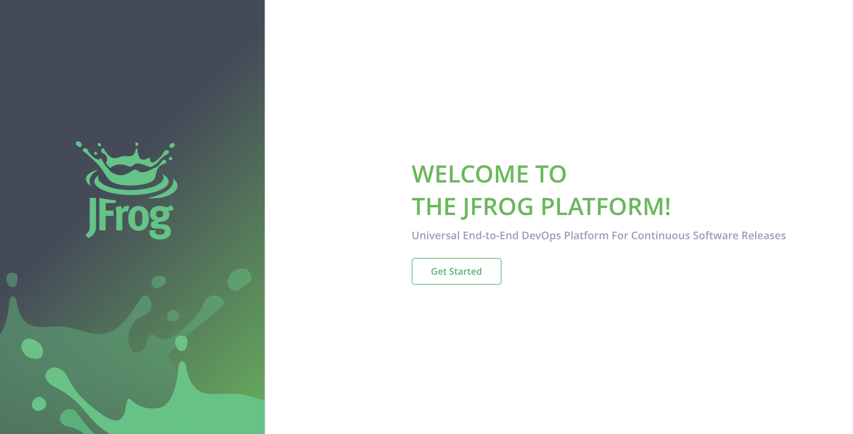 JFrog Platform onboarding wizard welcome screen with Get Started button