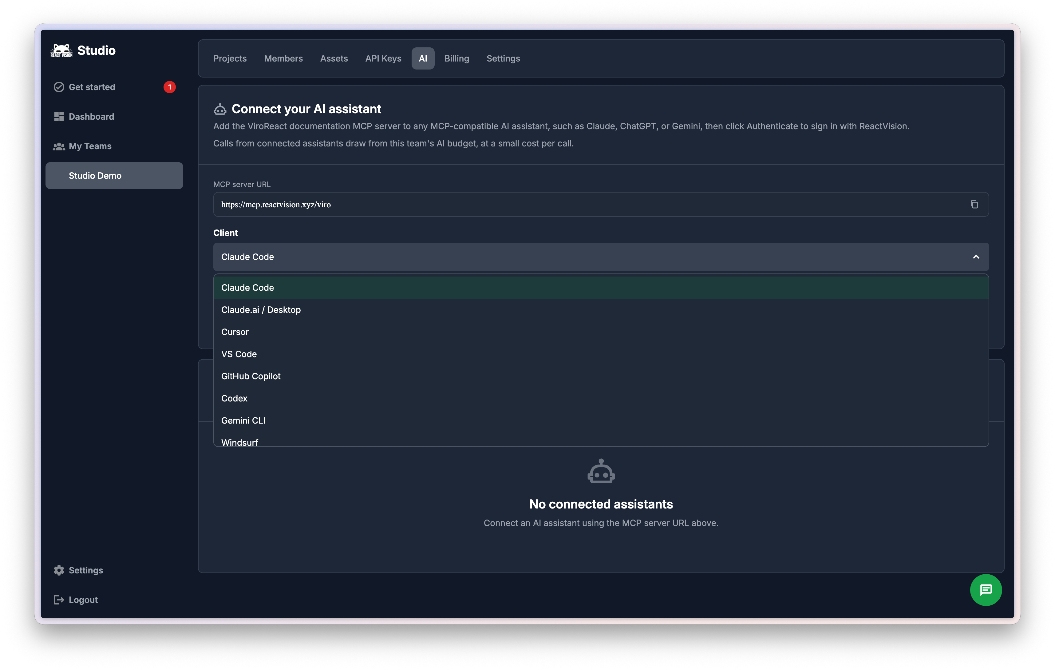 You'll find a guide for connecting the MCP to your preferred tool within Studio