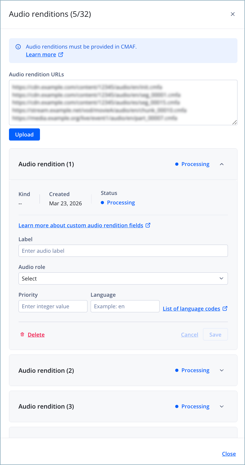 Audio renditions panel