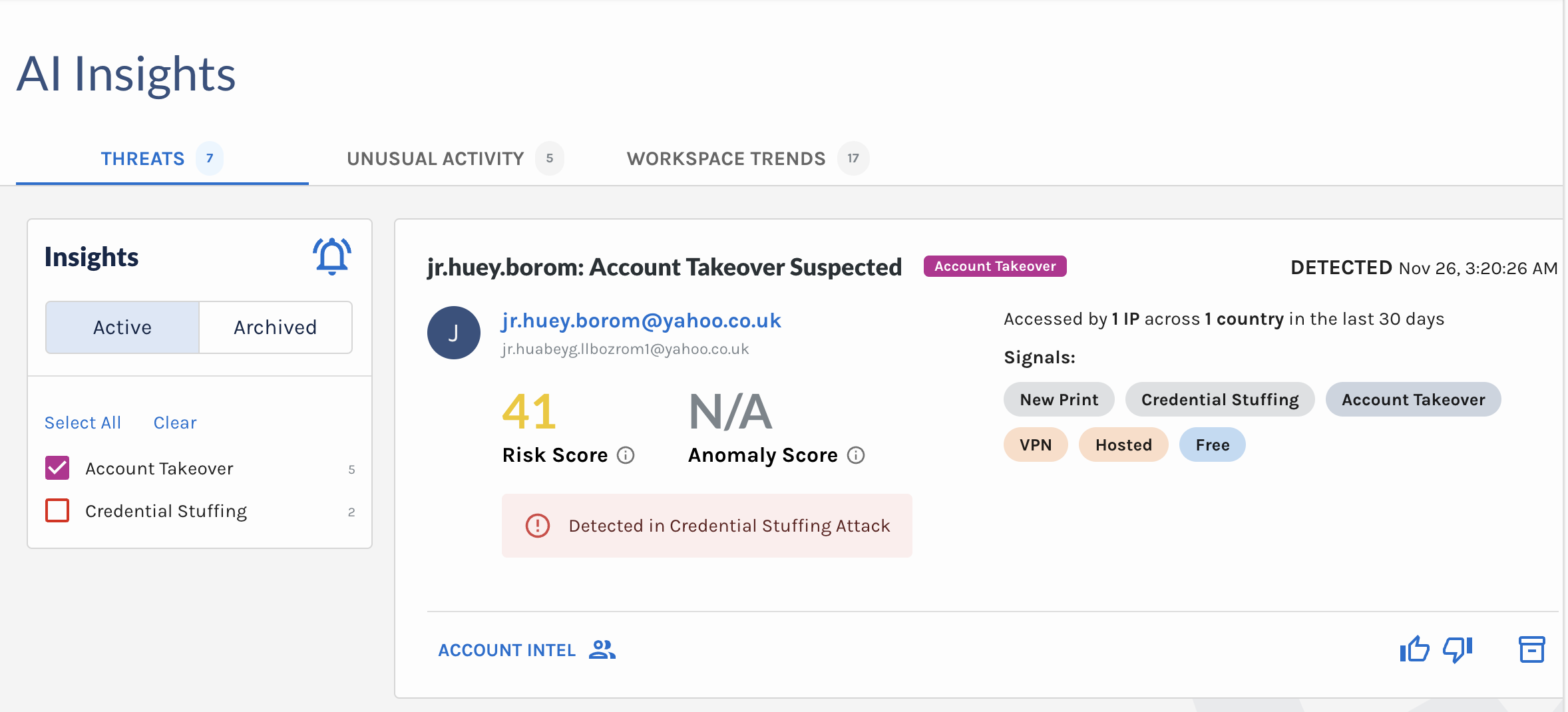 Updated Account Takeover threat card, including the reason outlined in red