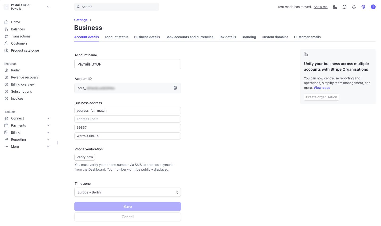 A screenshot showing the Stripe business settings.