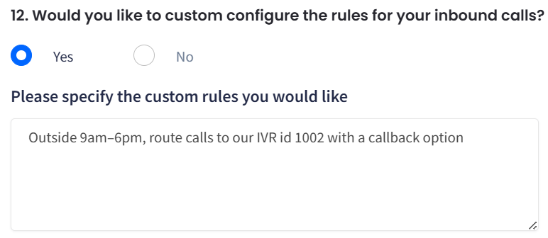 Screenshot of question 12 (customized PBX): rules for inbout calls