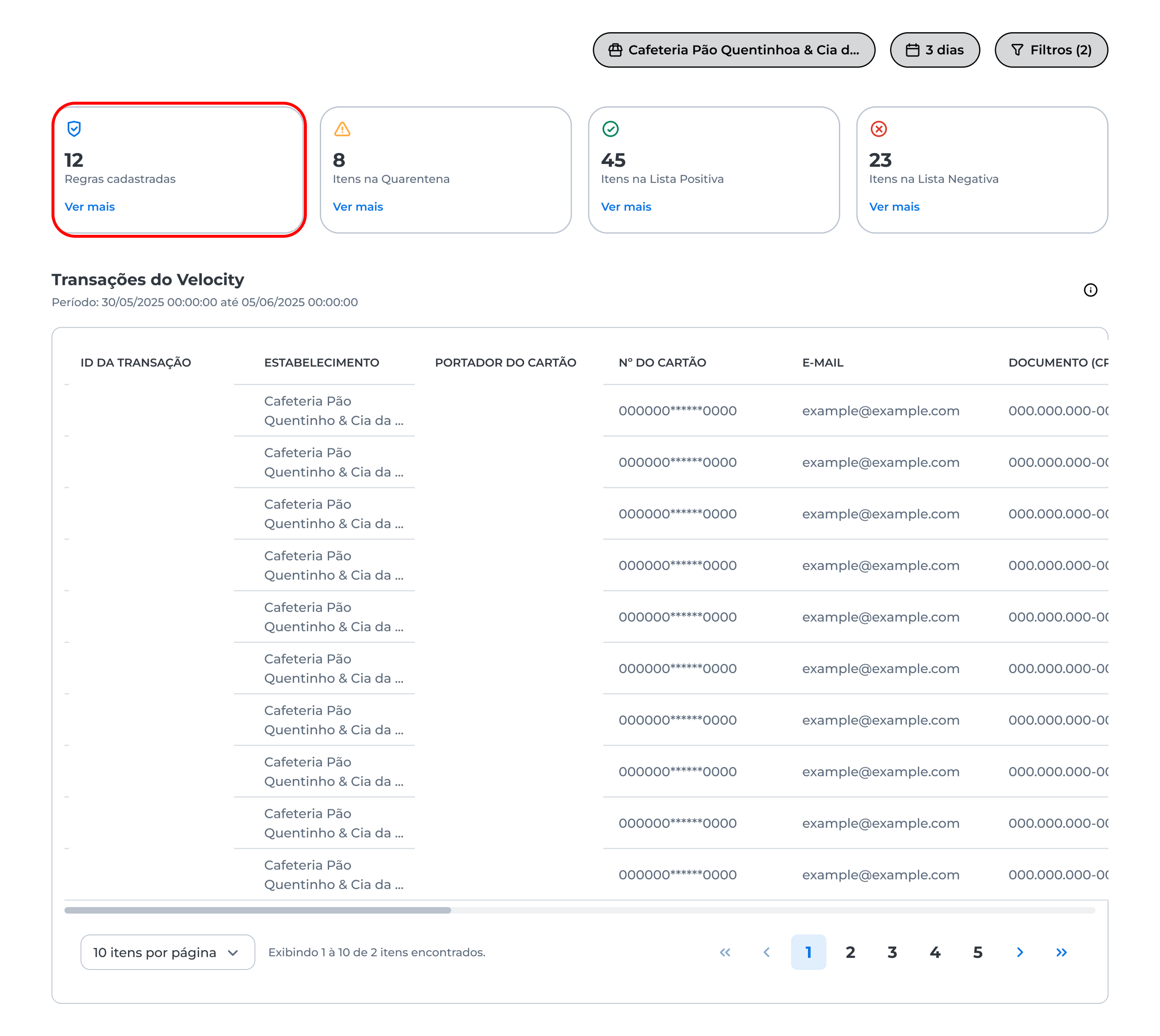 Card de regras cadastradas
