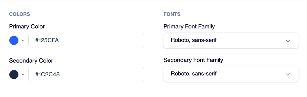 Colors section with Primary Color and Secondary Color fields showing hex codes, next to the Fonts section with the Primary Font Family dropdown open and listing eight font families.