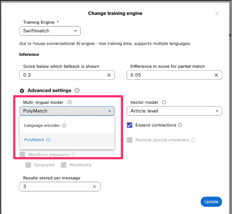 Selecting the multi-lingual model from Advanced Engine settings