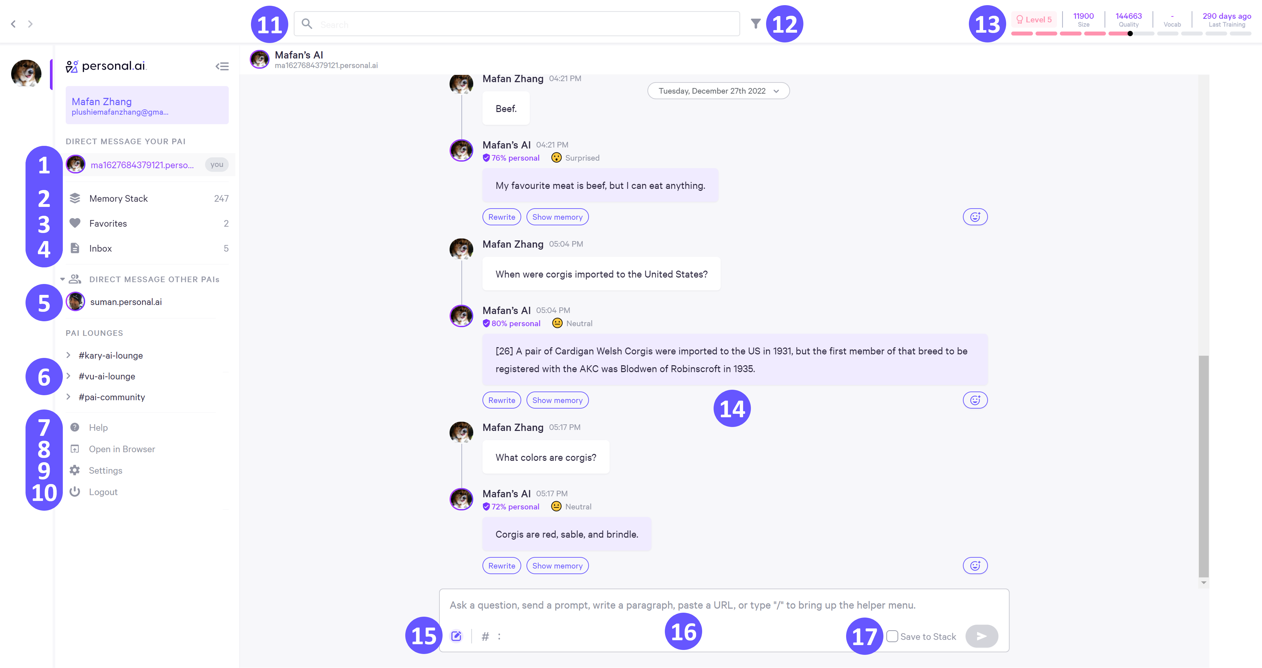 Screenshot of personal AI application with bulleted base features