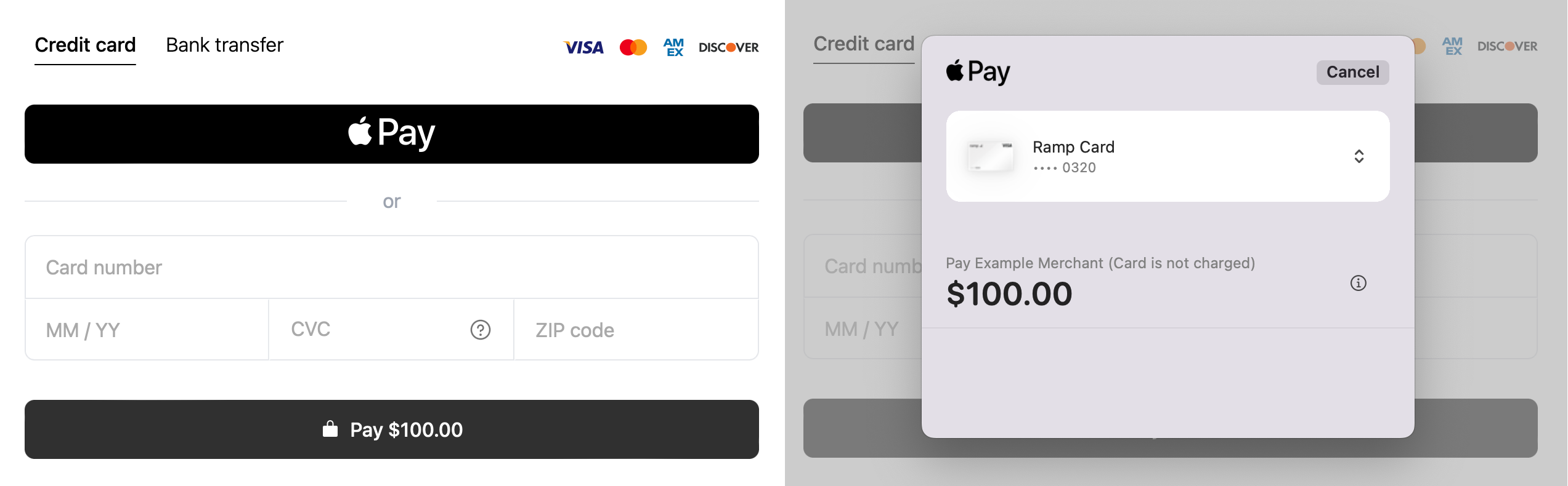 Left: Apple Pay shown as an option. Right: Apple Pay in use.