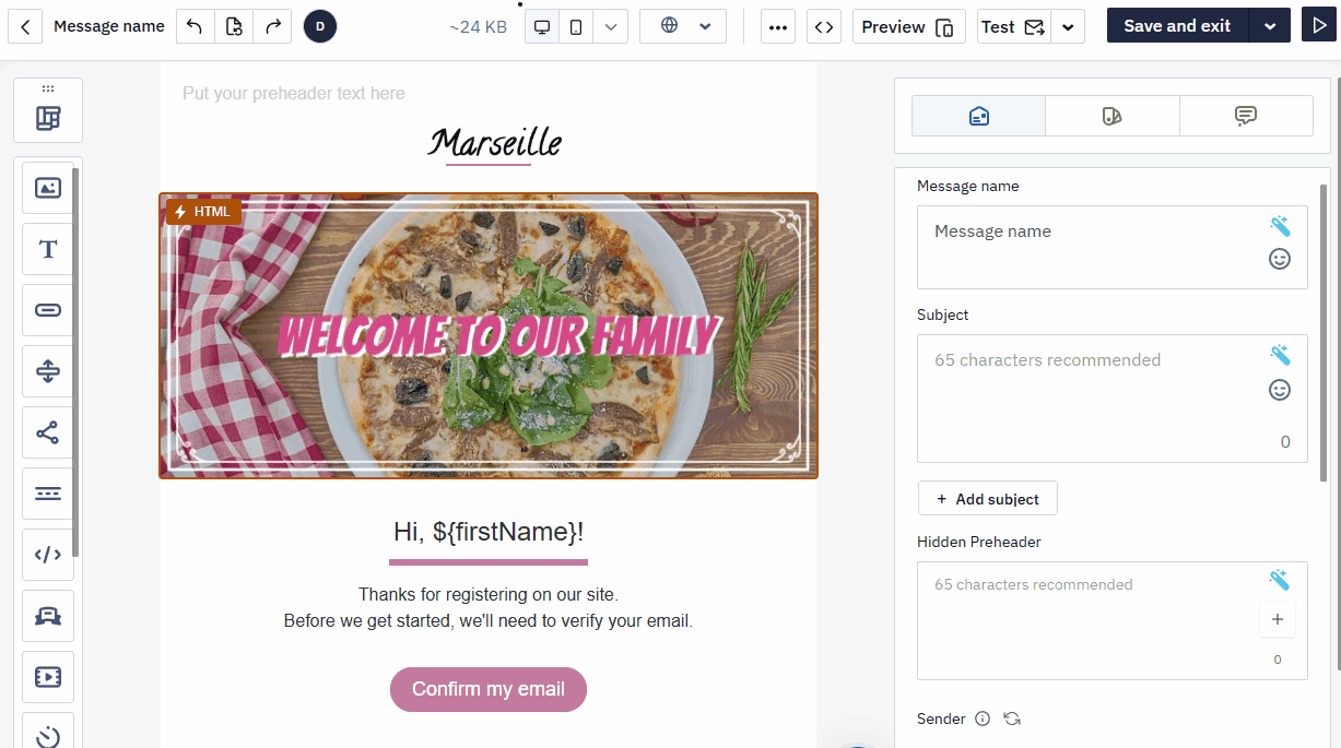 Email editor Blocks panel listing available blocks, with Carousel, Accordion, and Form marked by a lightning bolt AMP icon