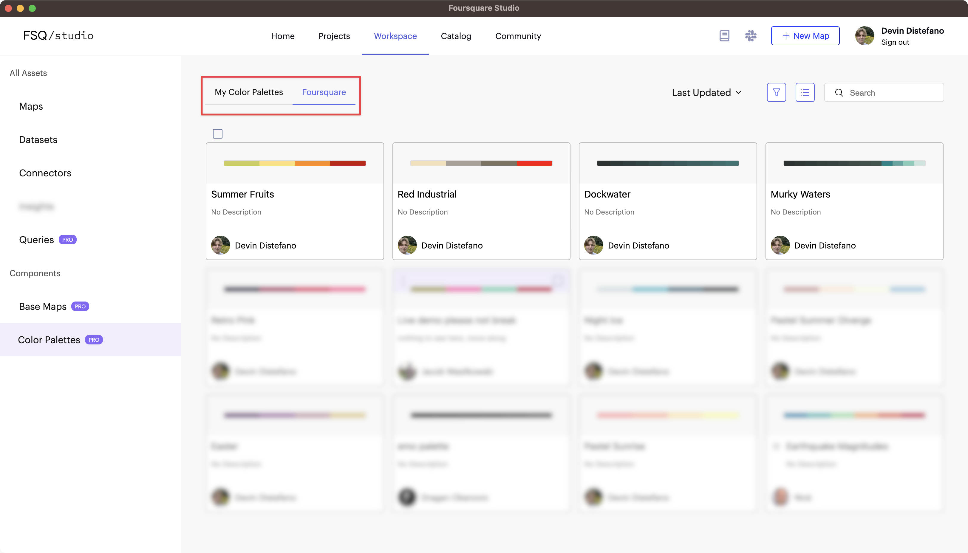 Viewing color palettes saved to the organization.