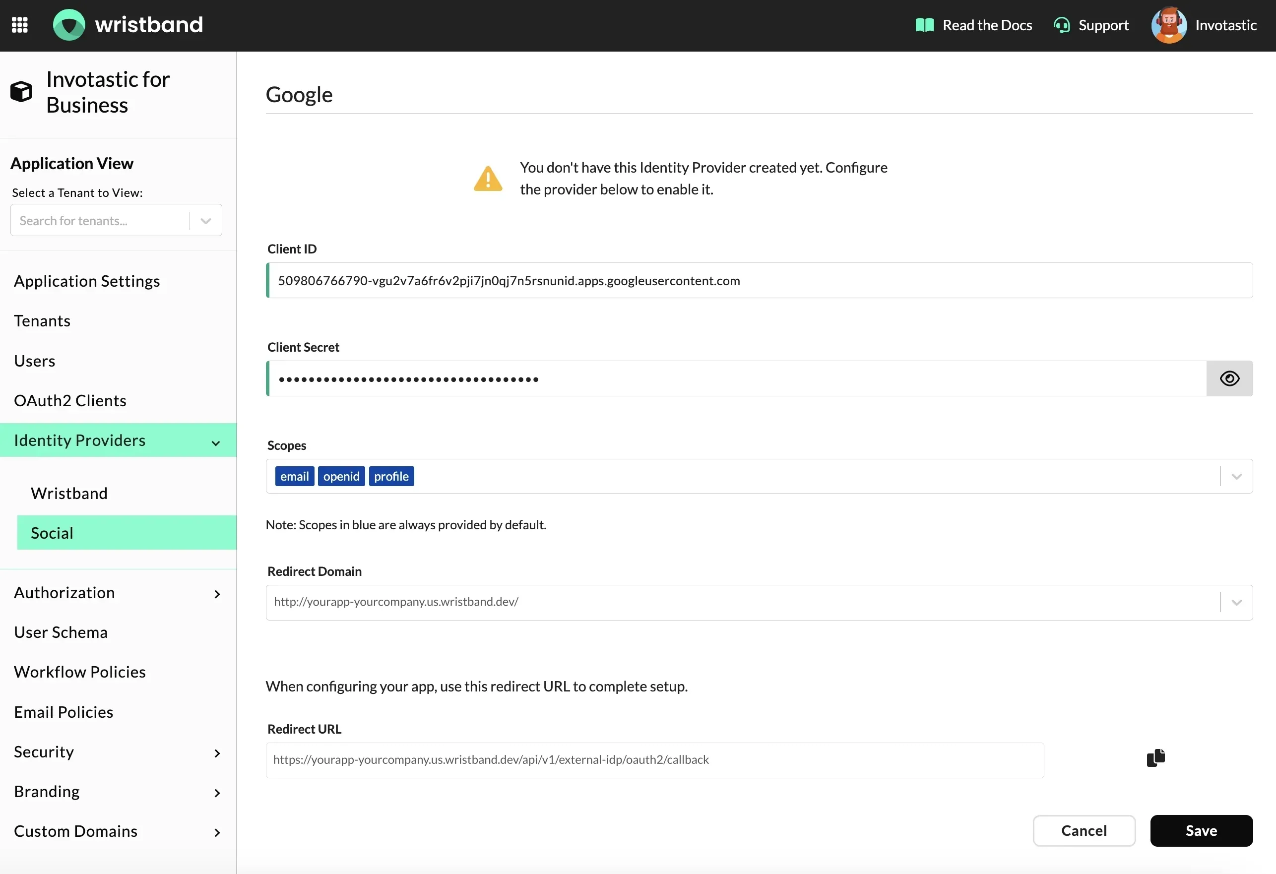 Configure Google IDP in Wristband dashboard