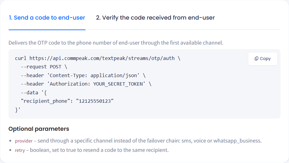 Screenshot of thSend a code to end-user tab showing the send request example