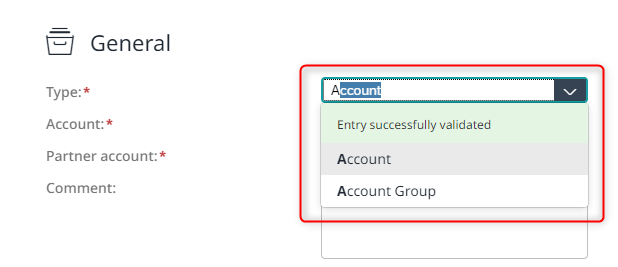 Simplified filling of individual fields in account selection