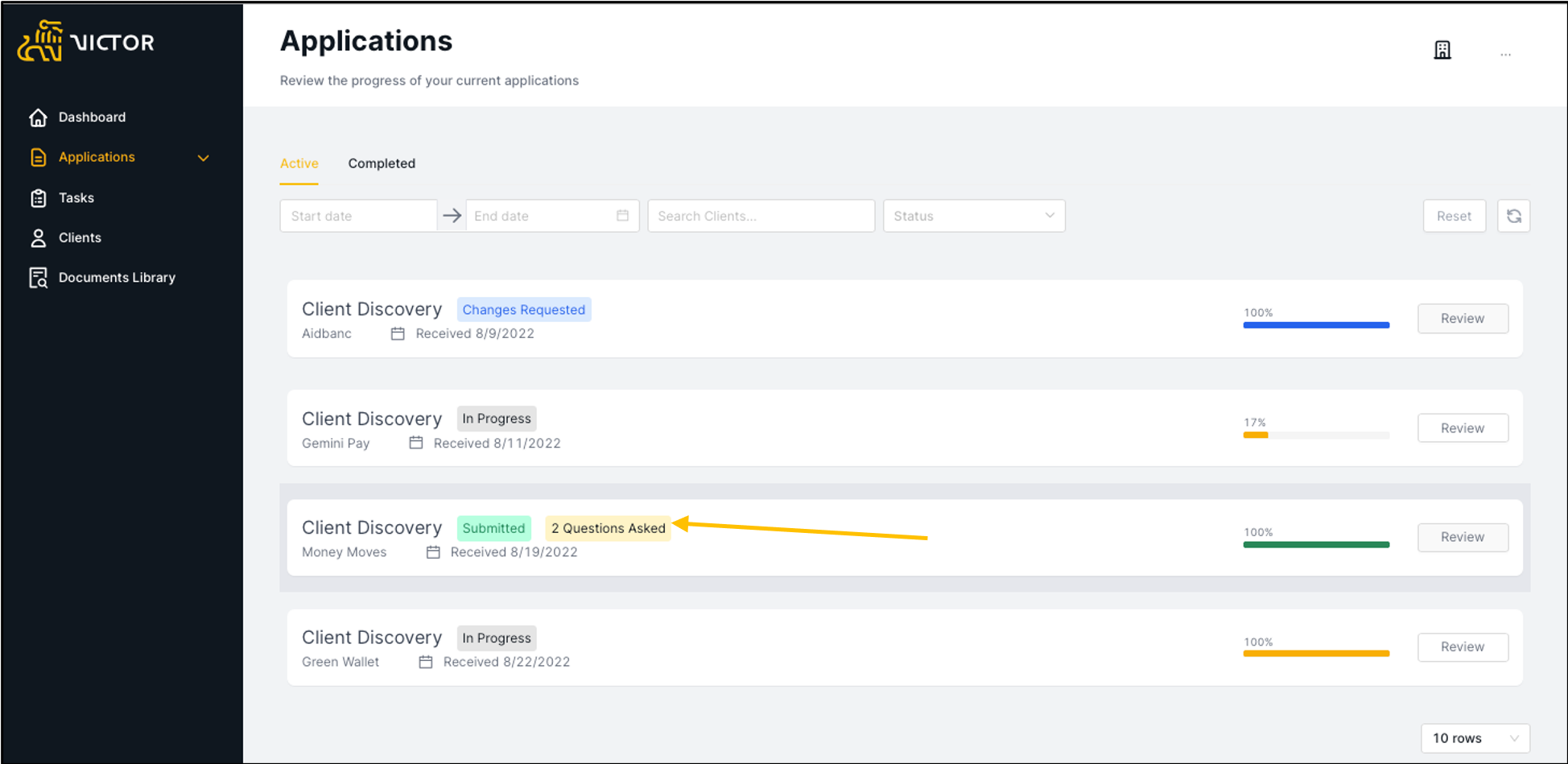 Figure 22. Client questions are shown on the Application dashboard overview page