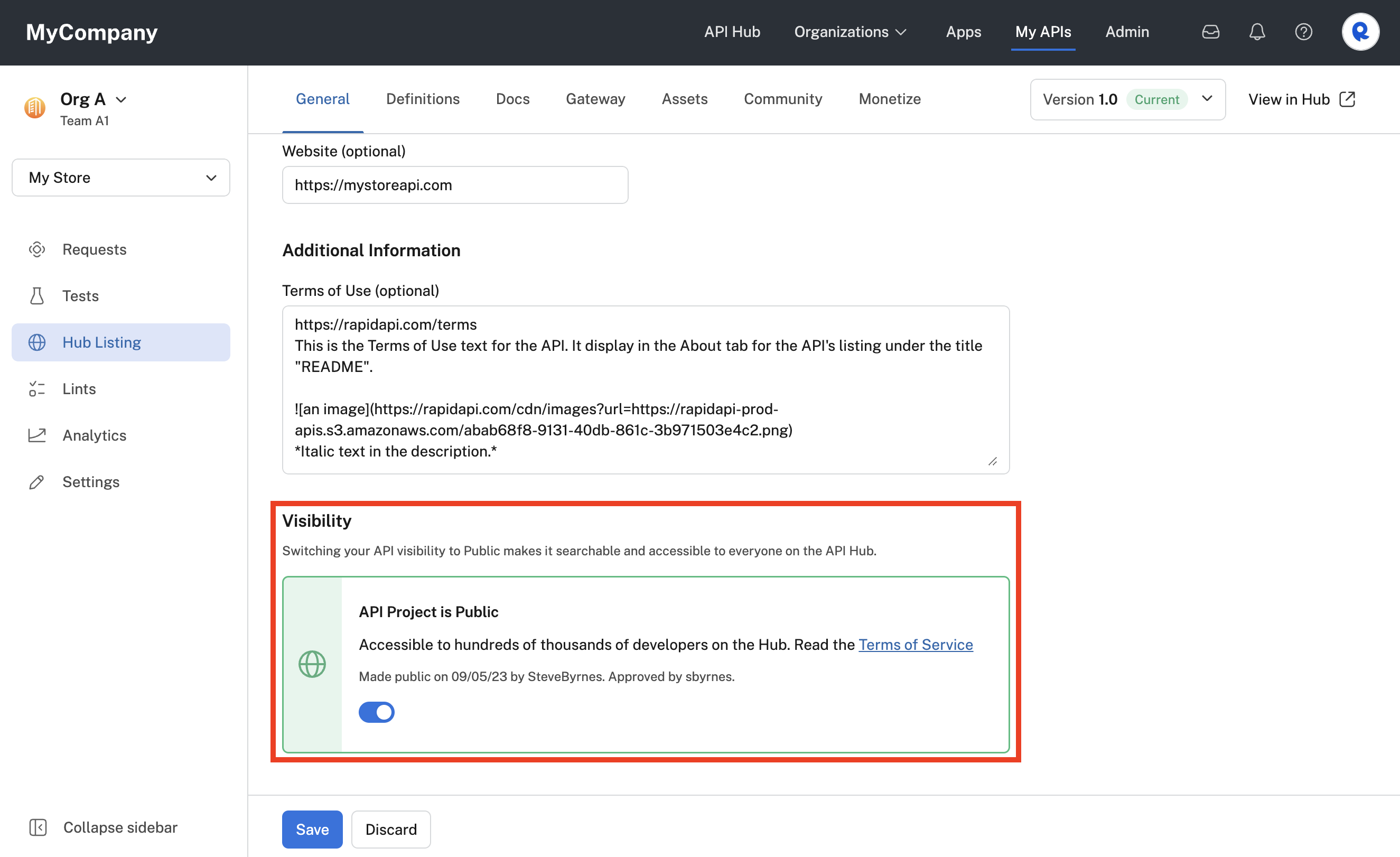 Specifying an API's visibility in Studio.