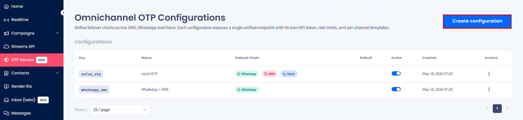 Screenshot of the Create configuration button