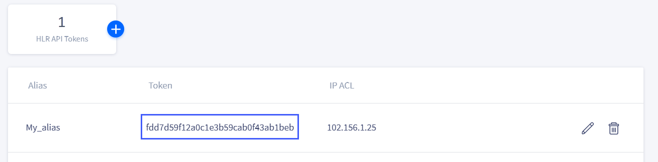 Screenshot of the HLR API Tokens page with a new token highlighted