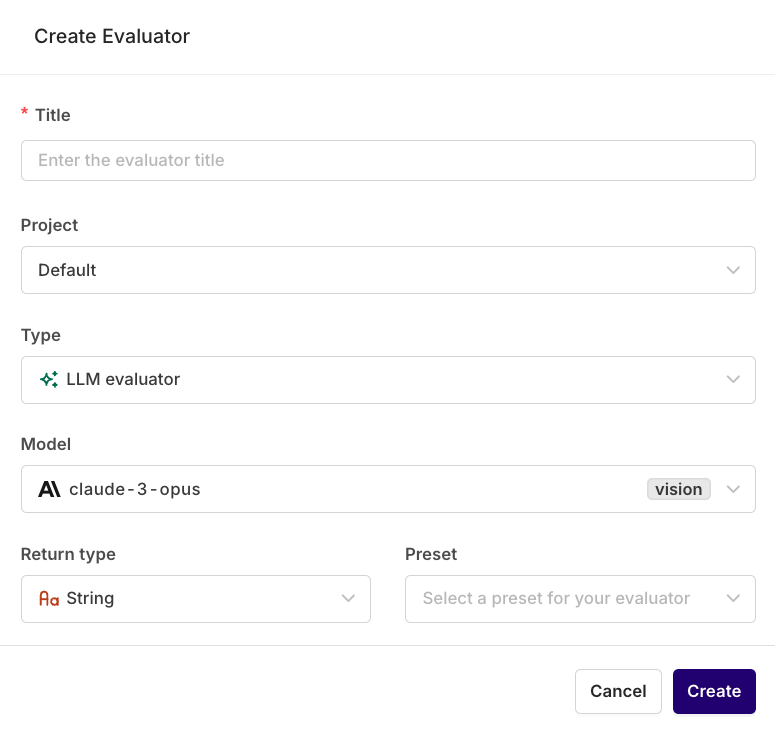 The LLM Evaluator creation modal where you can begin your evaluator configuration.