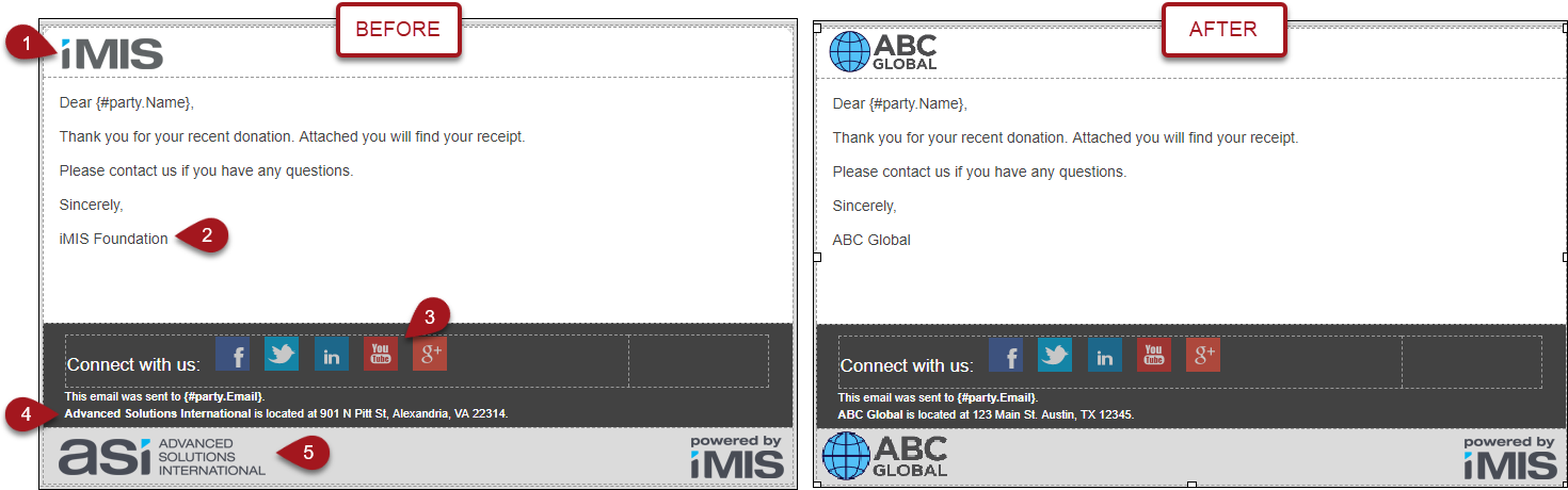 Before and after of edited communication template