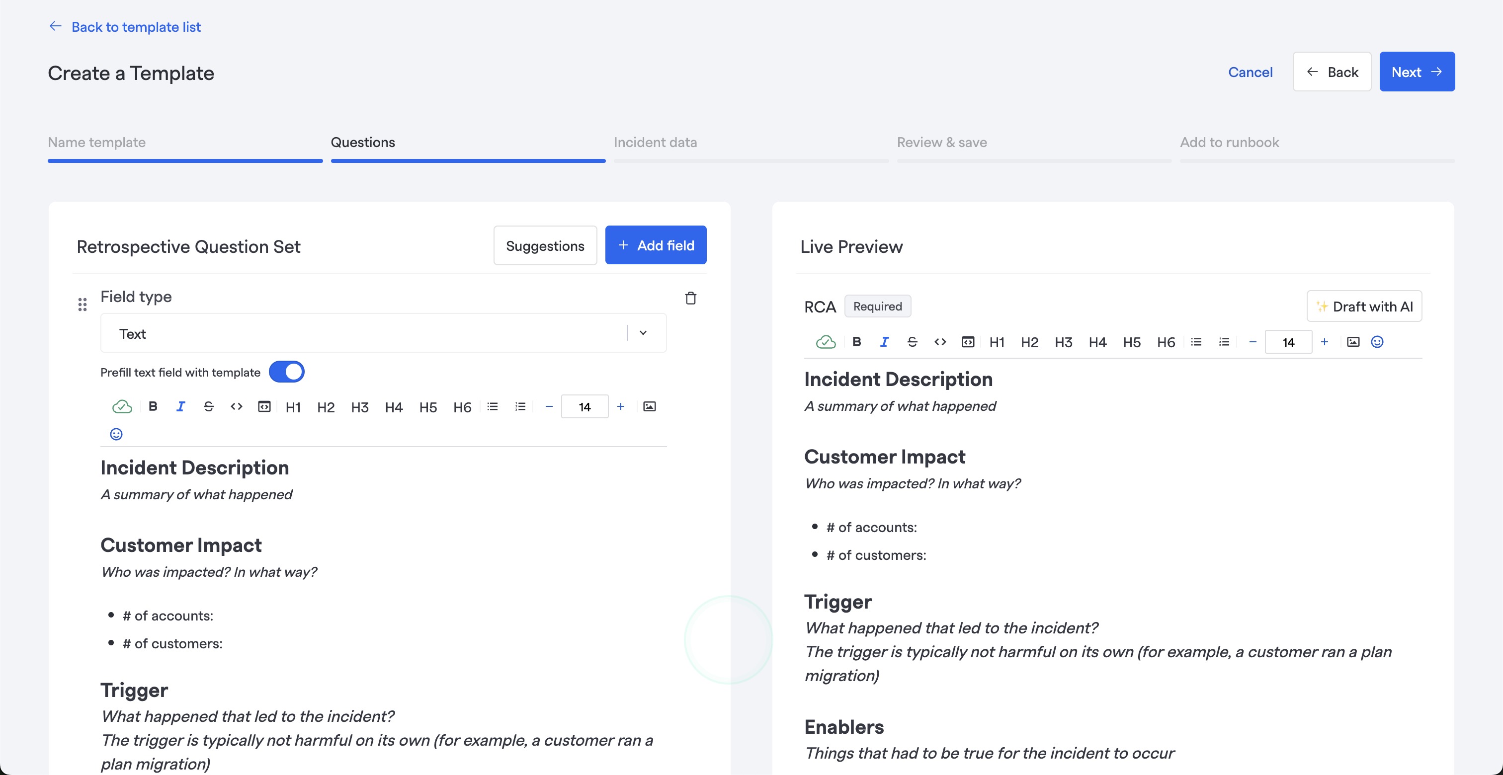 Retrospective question with pre-templated content