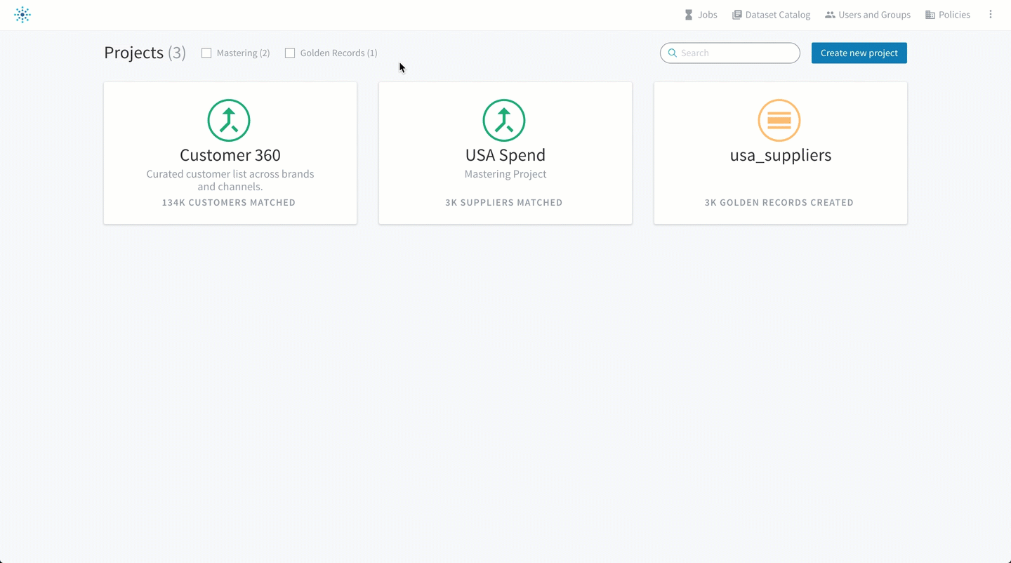 Deleting a project from the Tamr Core home page.