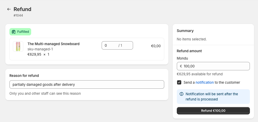 use the refund function to lower the invoice amount