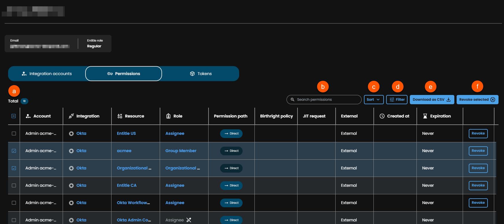 Permissions tab for a user