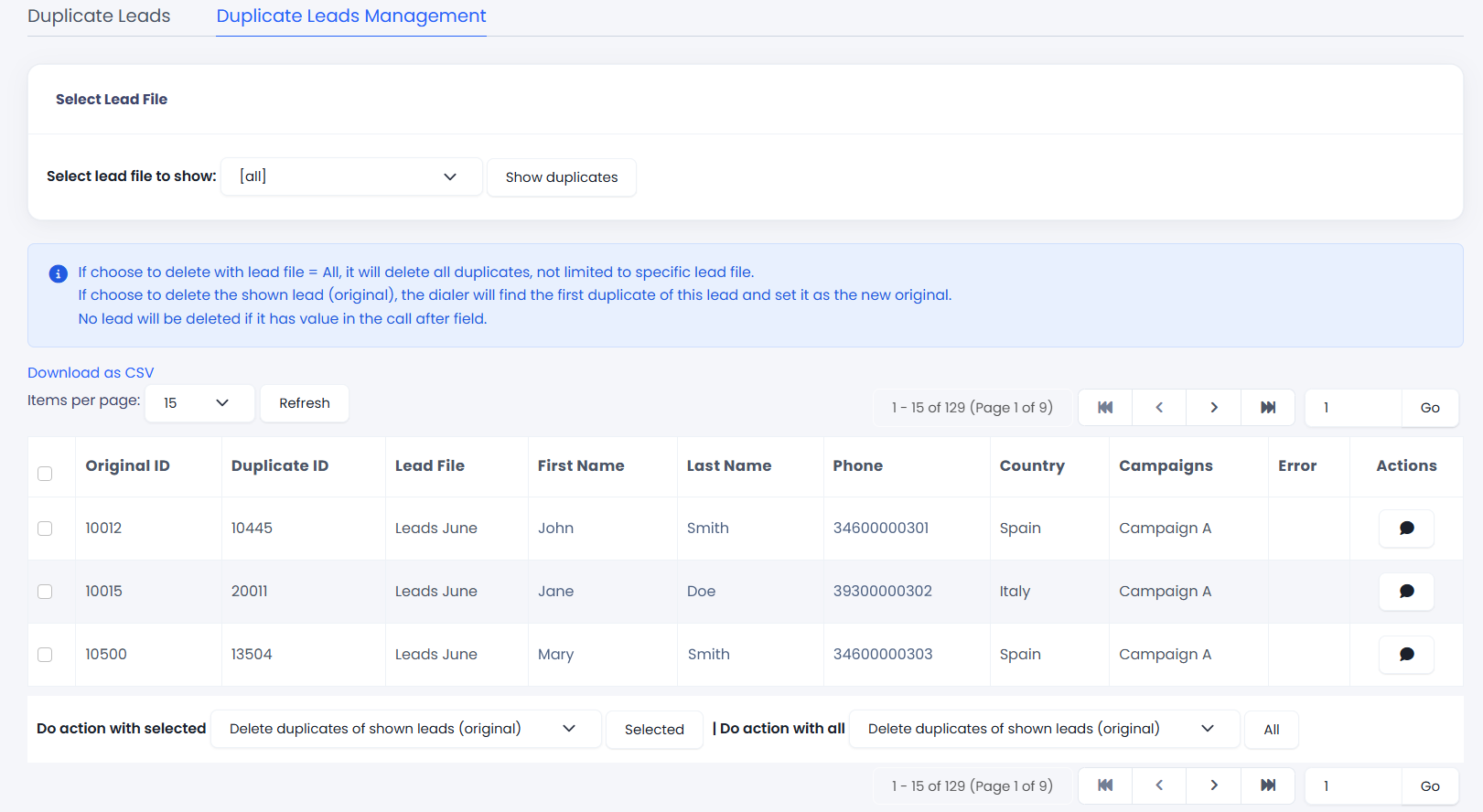 Screenshot of the Duplicate Leads Management tab
