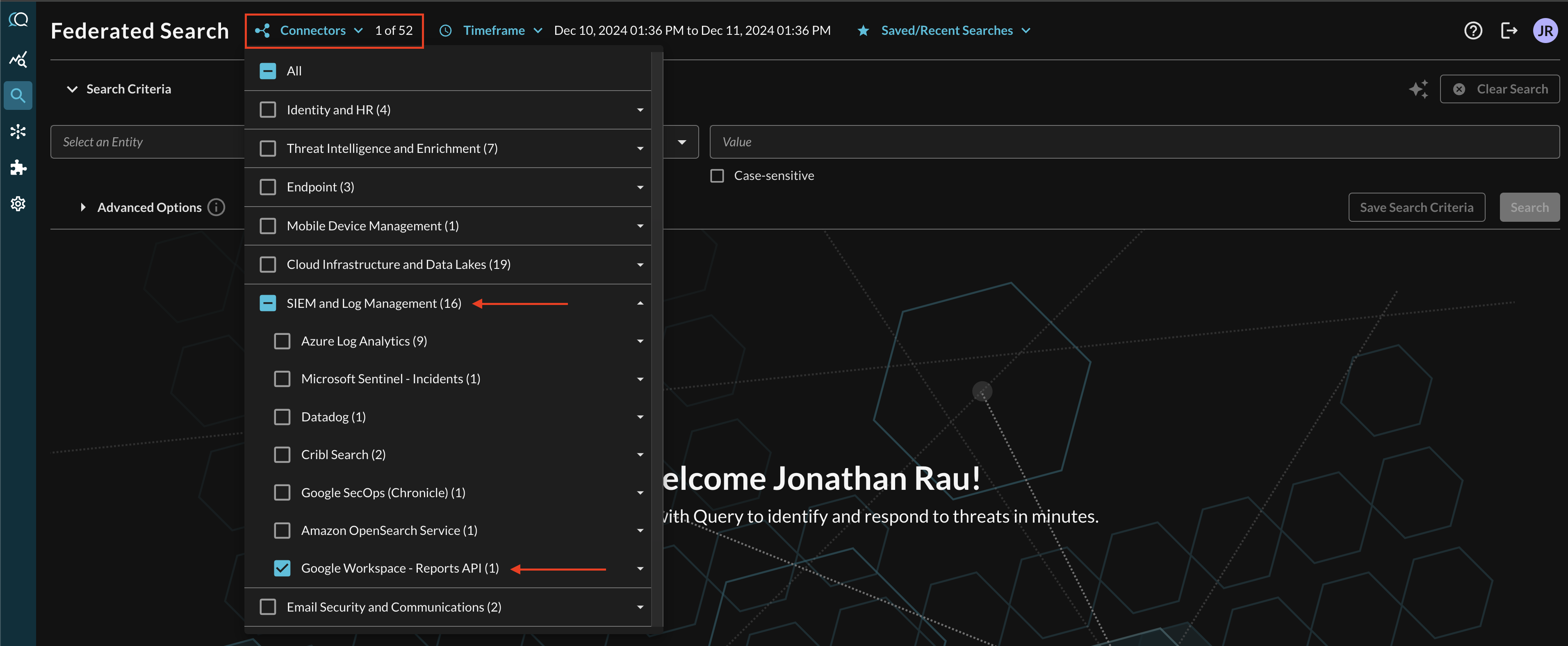 FIG. 3 - Specifying the Google Workspace - Reports API Connector in the Query Federated Search Connectors picker