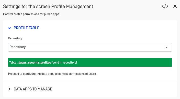 Configure profile table screen with table success message