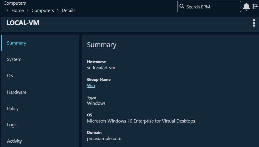 Computer details page displays summary, system, OS, hardware, and more.