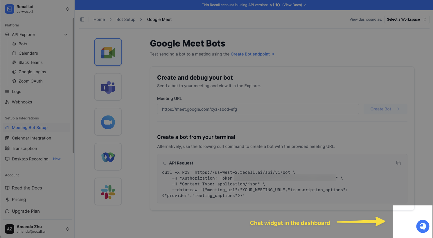 Recall.ai dashboard with chat widget