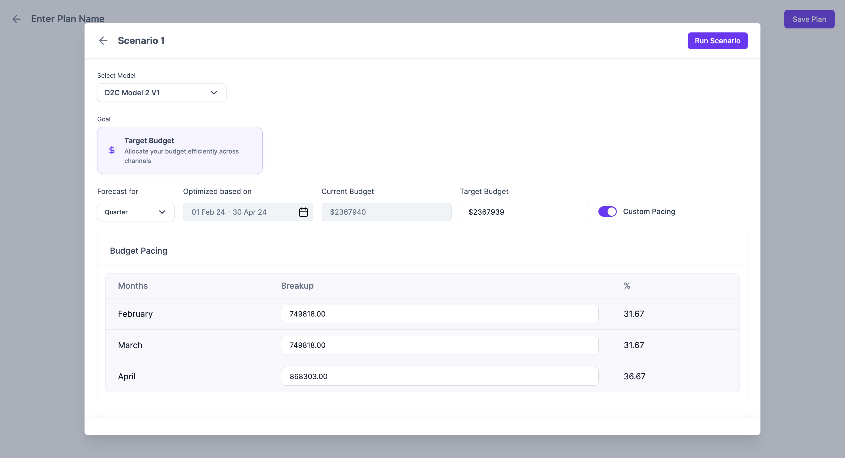 Screenshot of the Target Budget section in Lifesight UMM Platform.