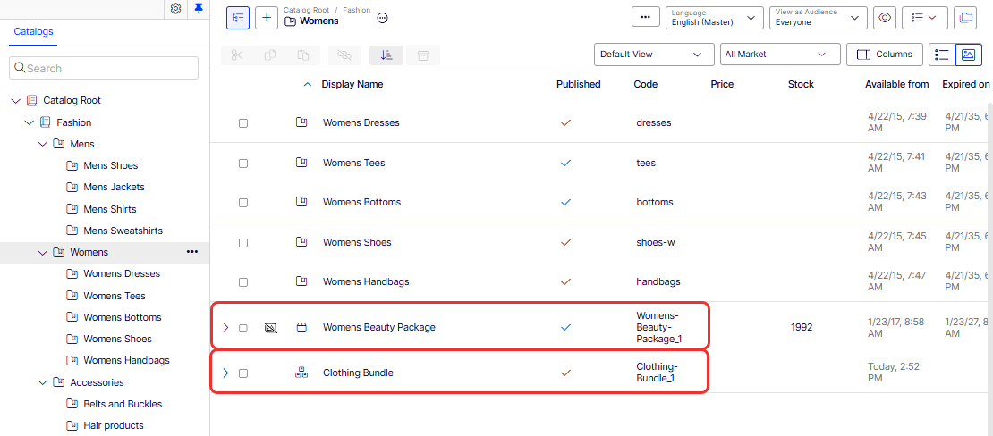 Screenshot of packages and bundles in the Commerce Connect catalog list page.