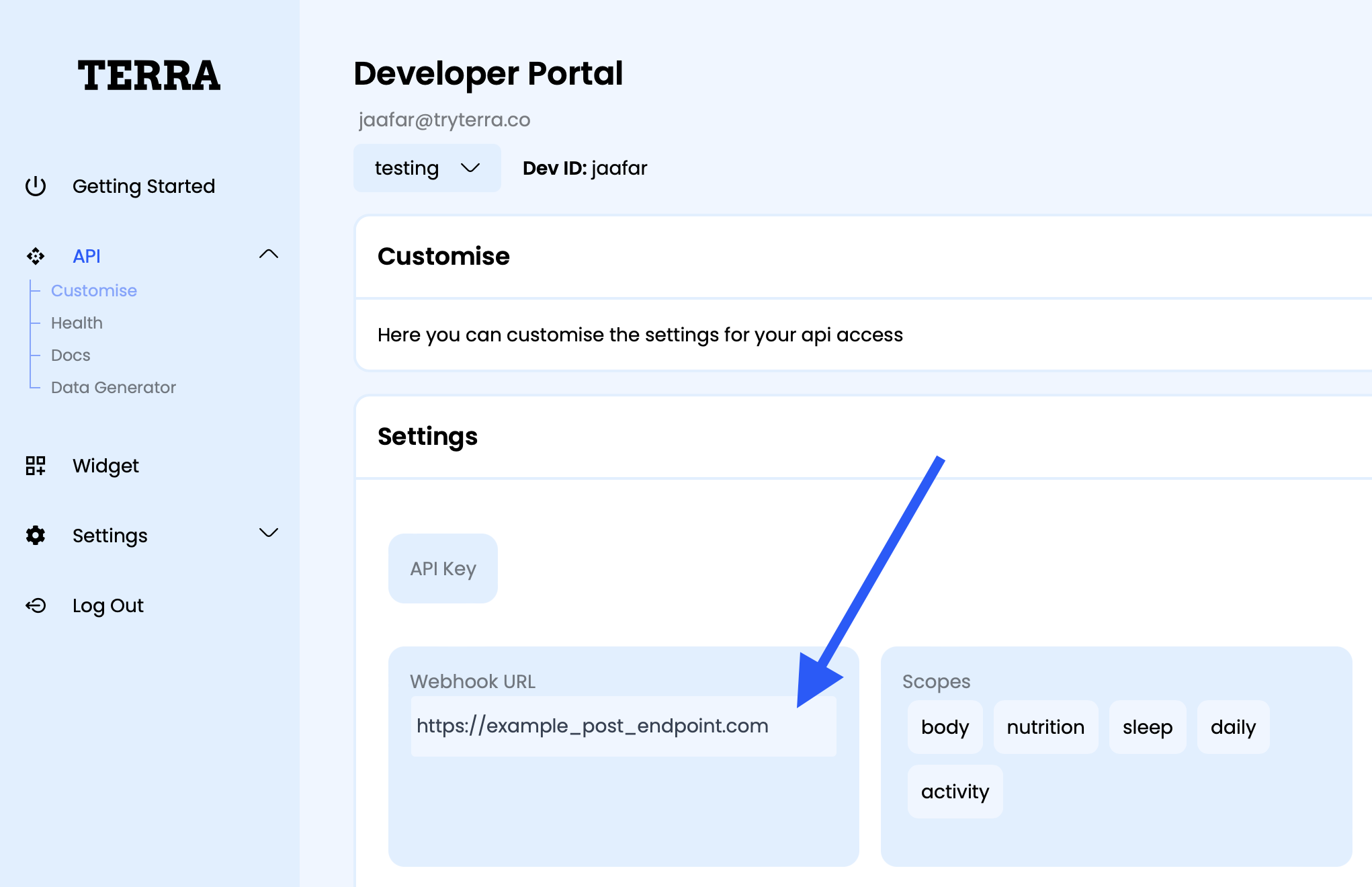 webhook_set.png Change your webhook endpoint on the Terra dashboard