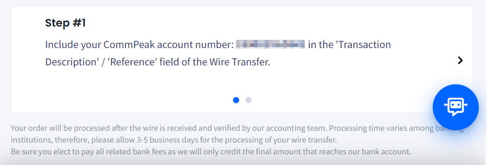 Screenshot of the Wire transfer instructions - Step 1
