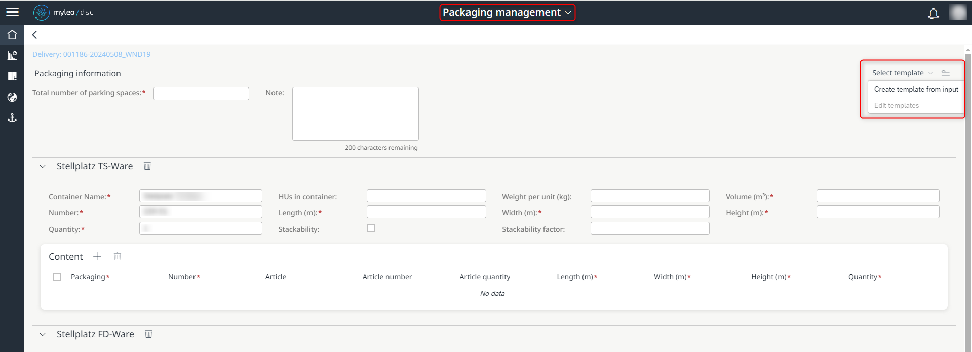 Creation of a template within packaging management