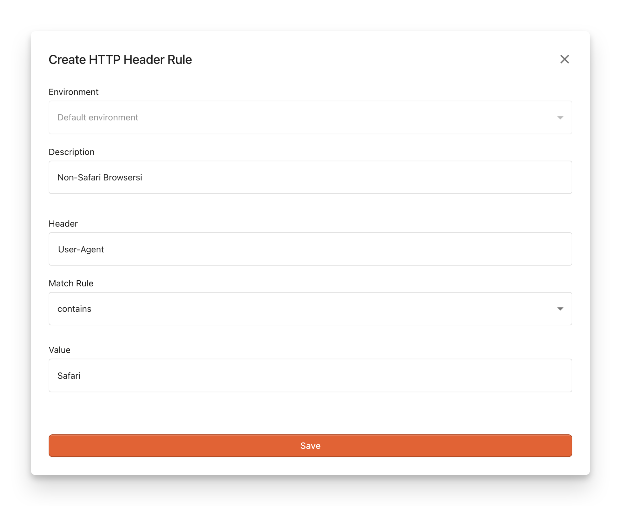 Screenshot of the form required to create an HTTP header rule