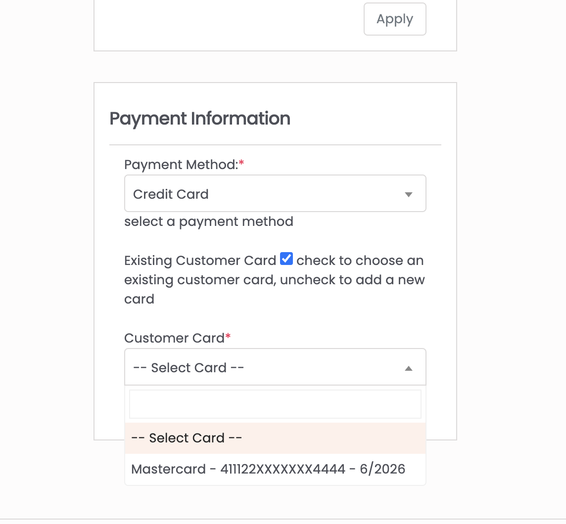 Payment details section with existing card selected