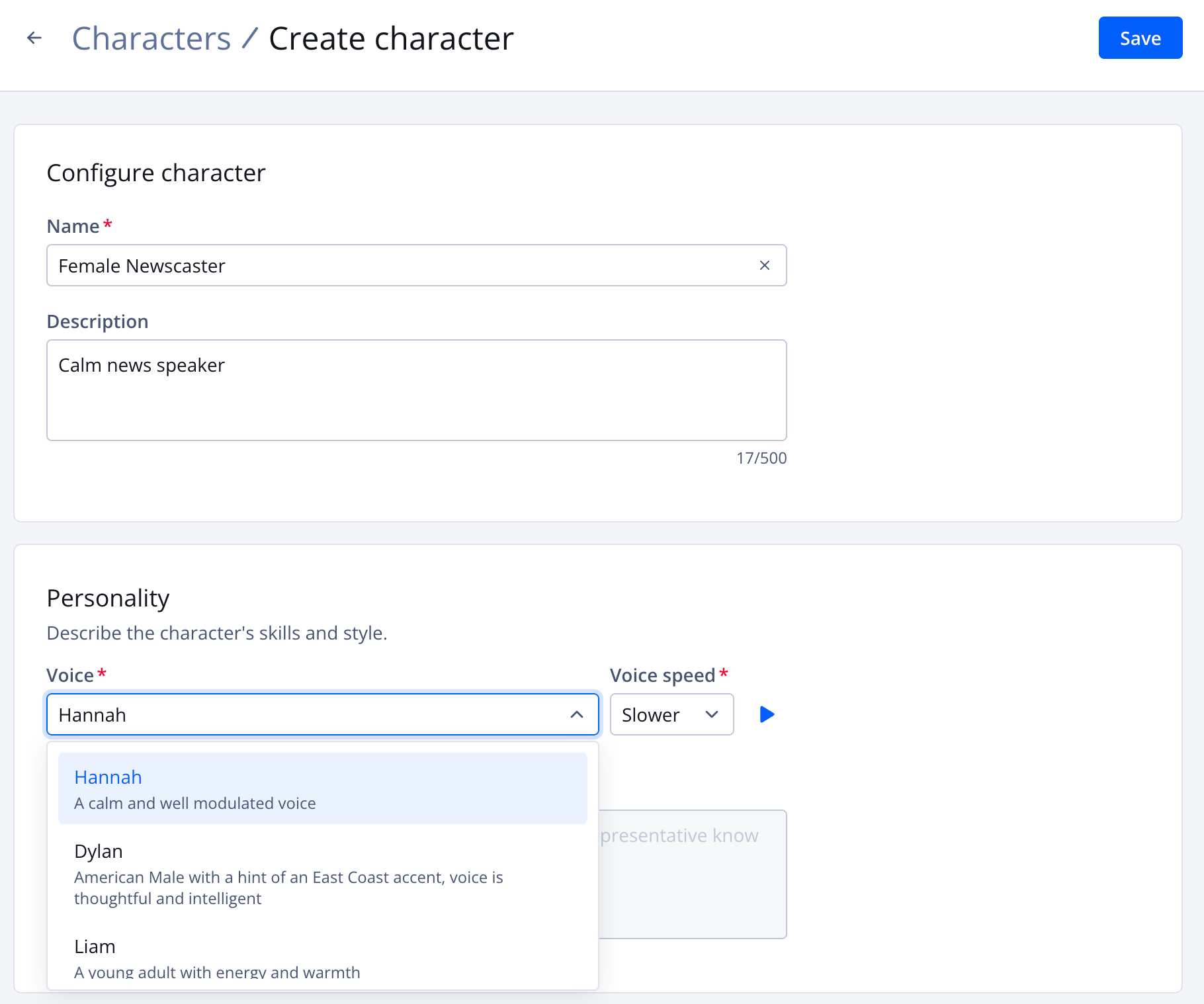Create character page