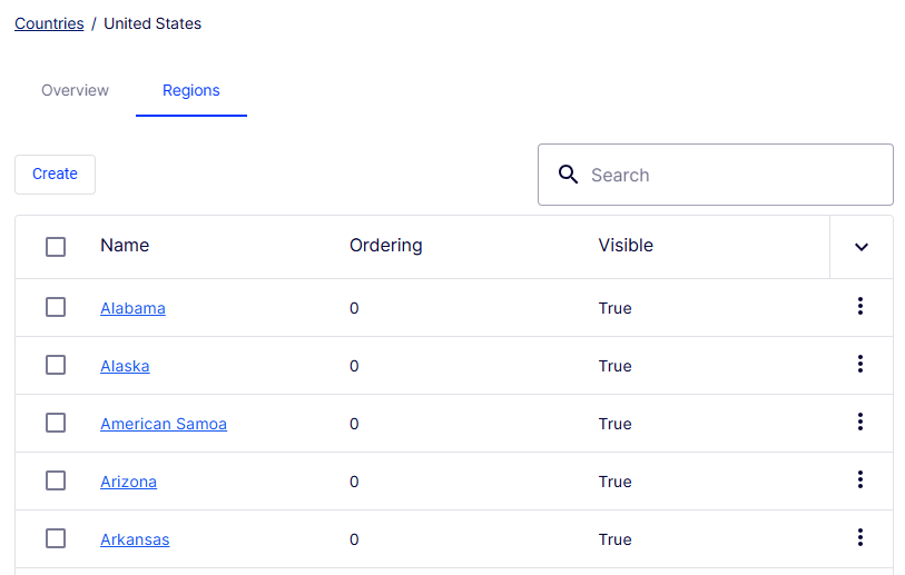 Screenshot of the Regions table in Commerce Connect showing regions associated with a country