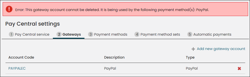 Viewing error message about deleting an in use gateway account