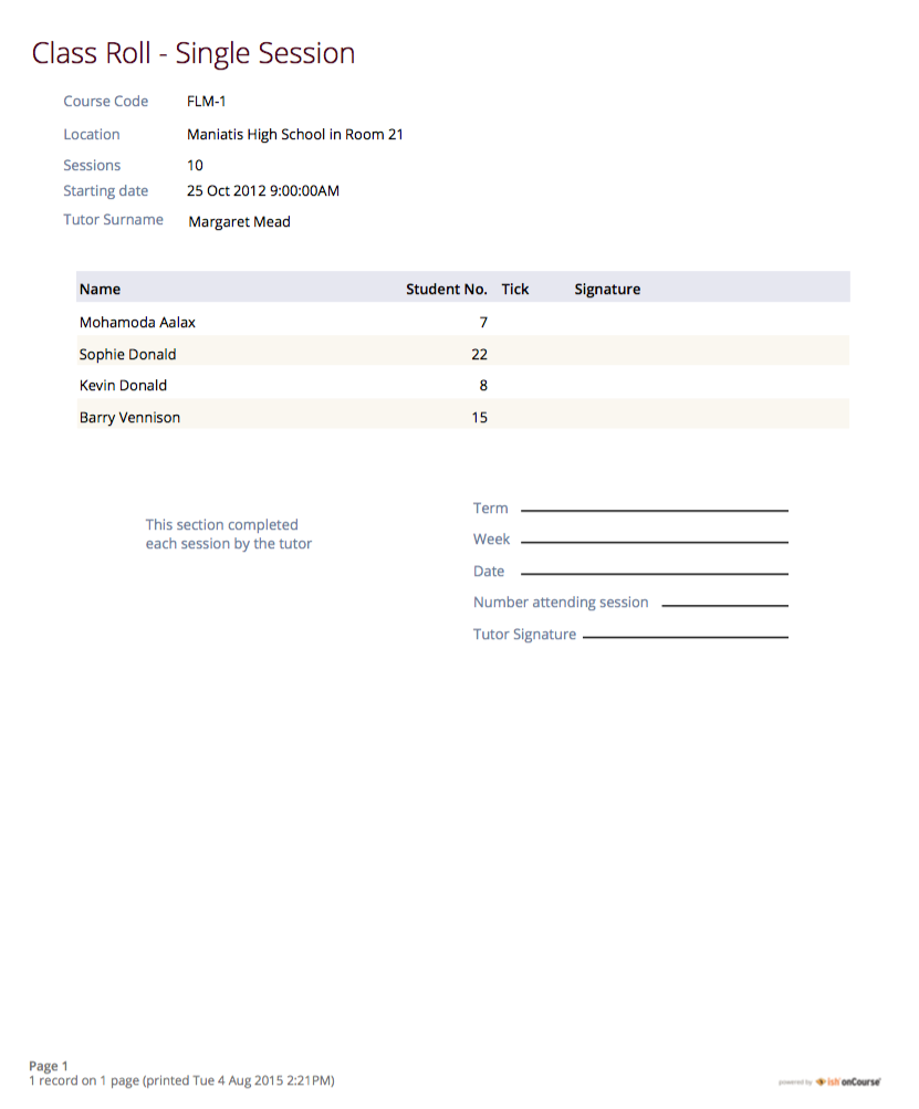 Figure 308. Class Roll - Single Session Report