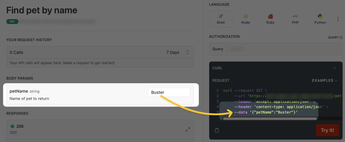 With **Default Handling** enabled, the `default` value "Buster" is used to populate the API Explorer form and the auto-generated code sample, even when the parameter isn't marked as `required`.