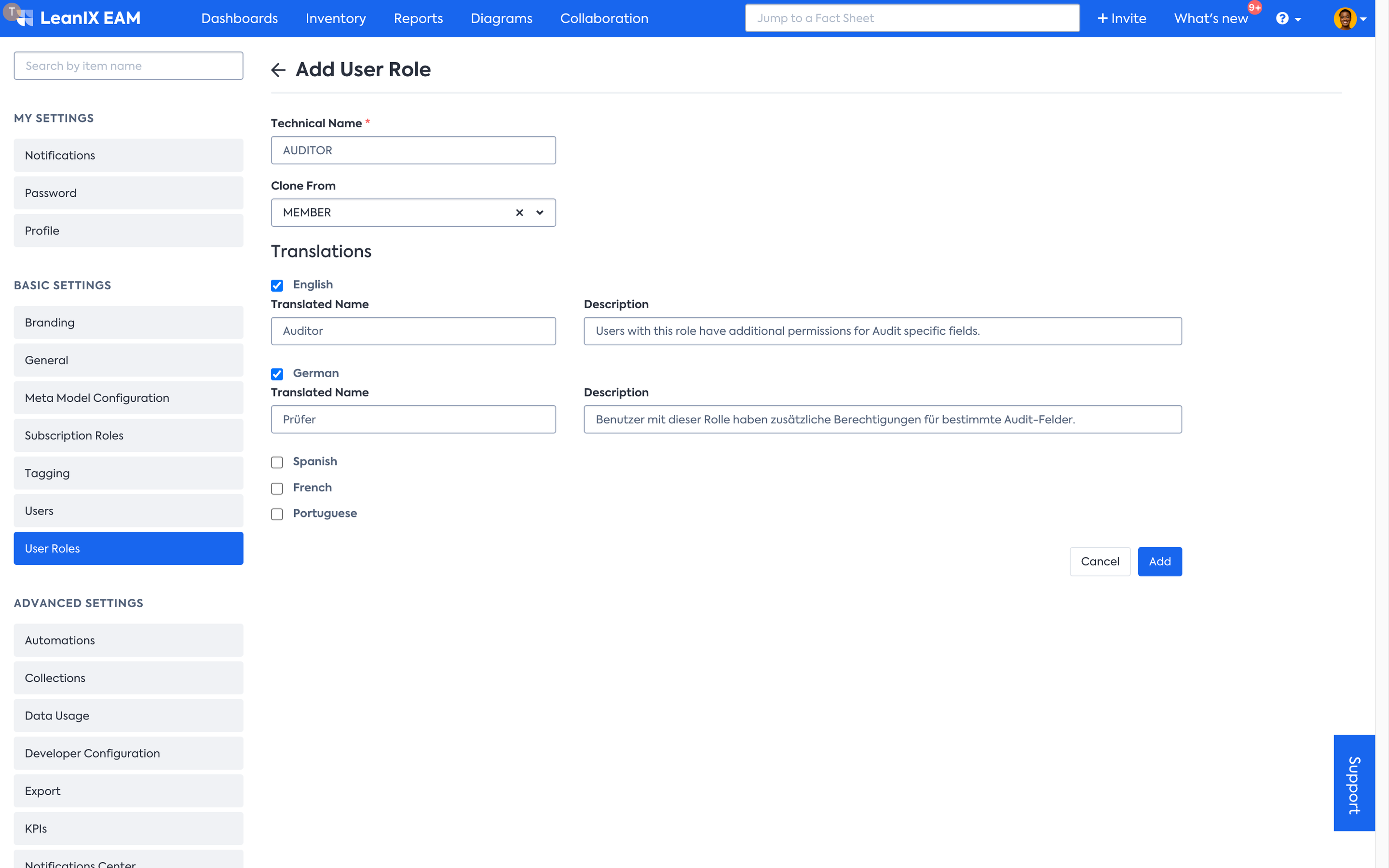 New User Role creation page