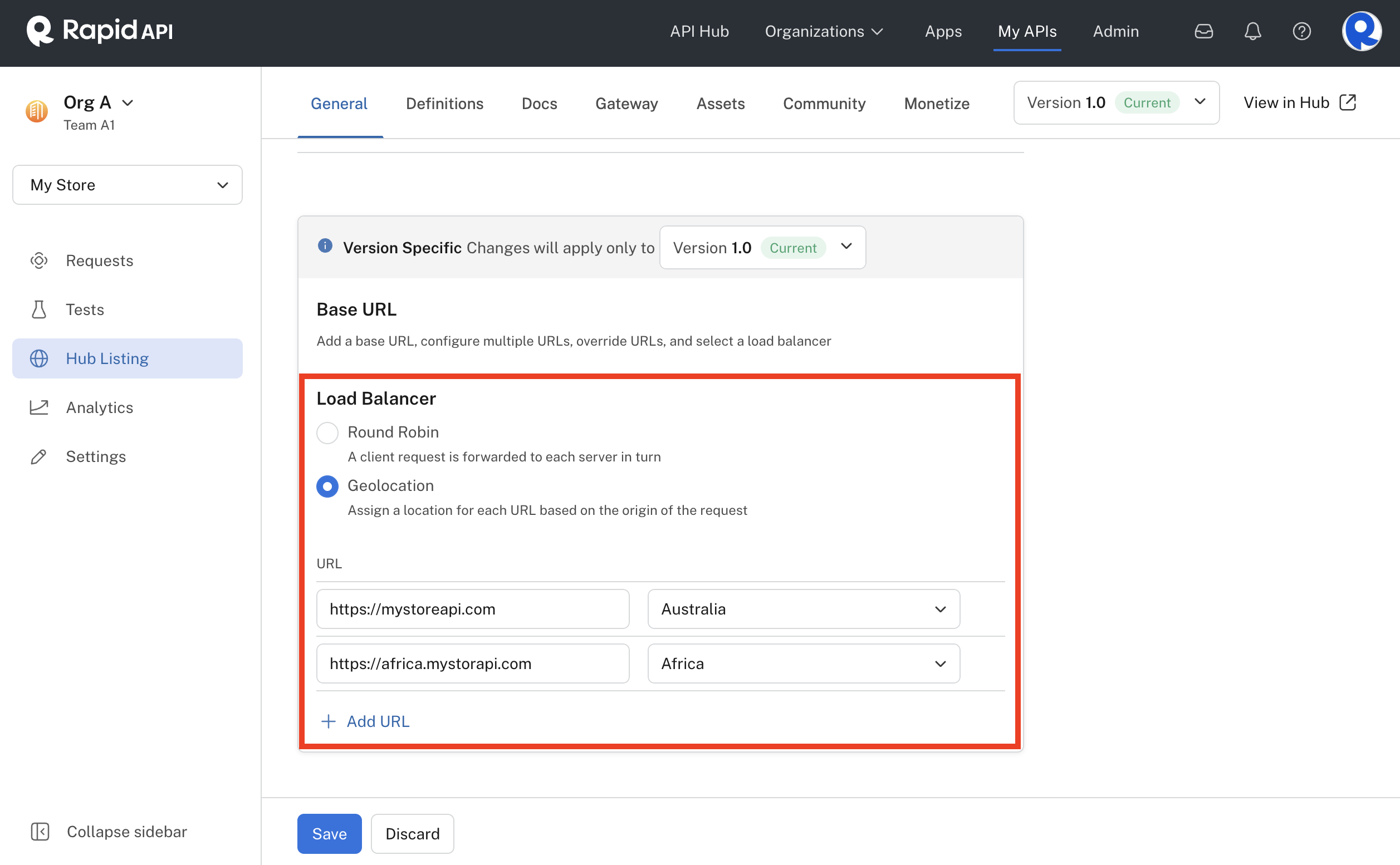 Setting multiple Base URLs that use Geolocation load balancing for a version of an API.