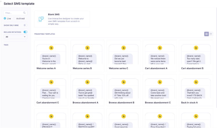 SMS template selection page showing predefined templates.