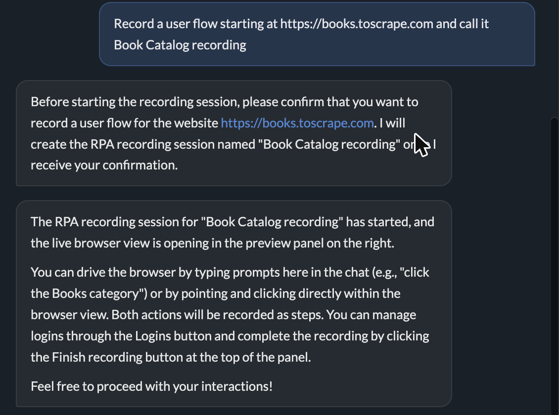 Asking Autopilot for a recording: it confirms the site and opens the recording session